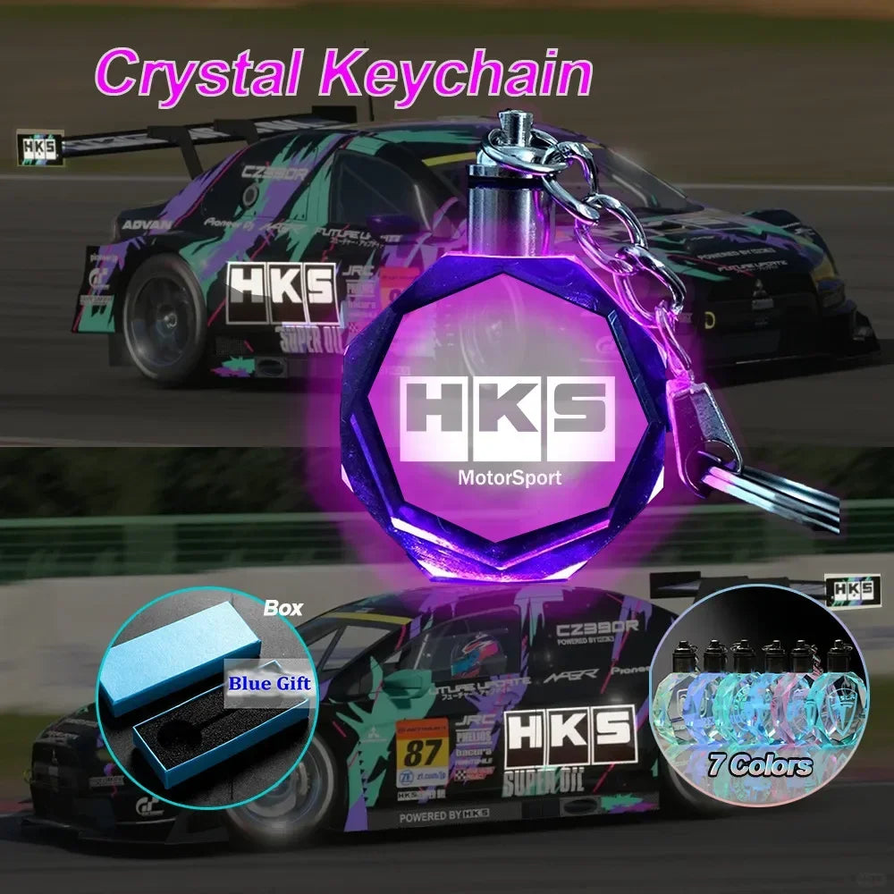 Car Keychain HKS LED 7 Colorful Light Crystal Motorsport Keyring Japanese Modified Key Pendant Auto Interior Accessories