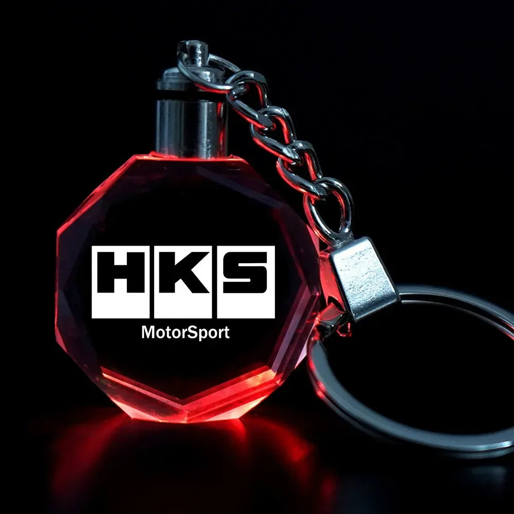 Car Keychain HKS LED 7 Colorful Light Crystal Motorsport Keyring Japanese Modified Key Pendant Auto Interior Accessories