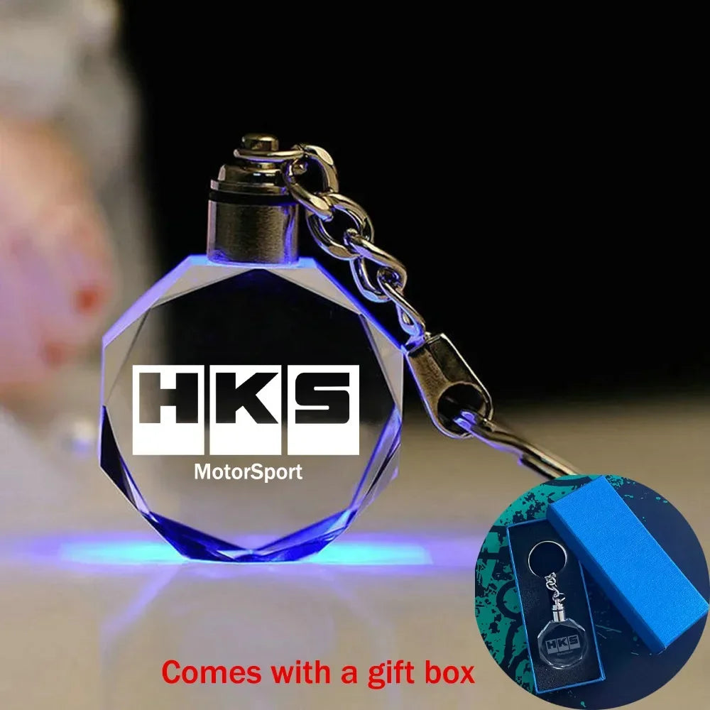 Car Keychain HKS LED 7 Colorful Light Crystal Motorsport Keyring Japanese Modified Key Pendant Auto Interior Accessories